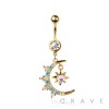 316L SURGICAL STEEL RISING MOON SUN STAR DANGLE BELLY BUTTON NAVEL RING 